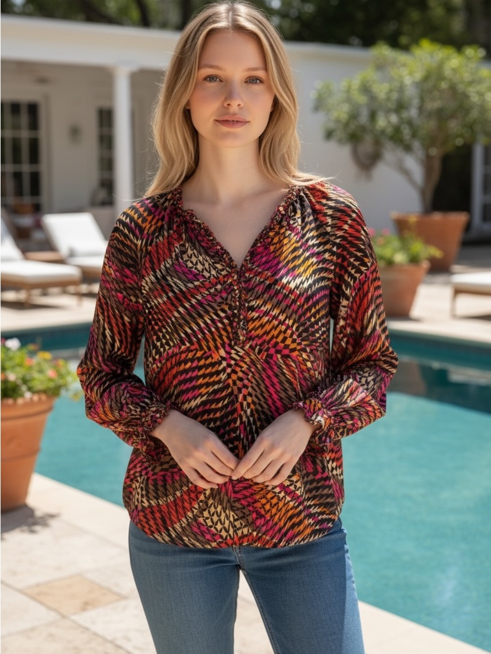 Democracy Multicolor Geometric Peasant Blouse — Pink, Orange, Black